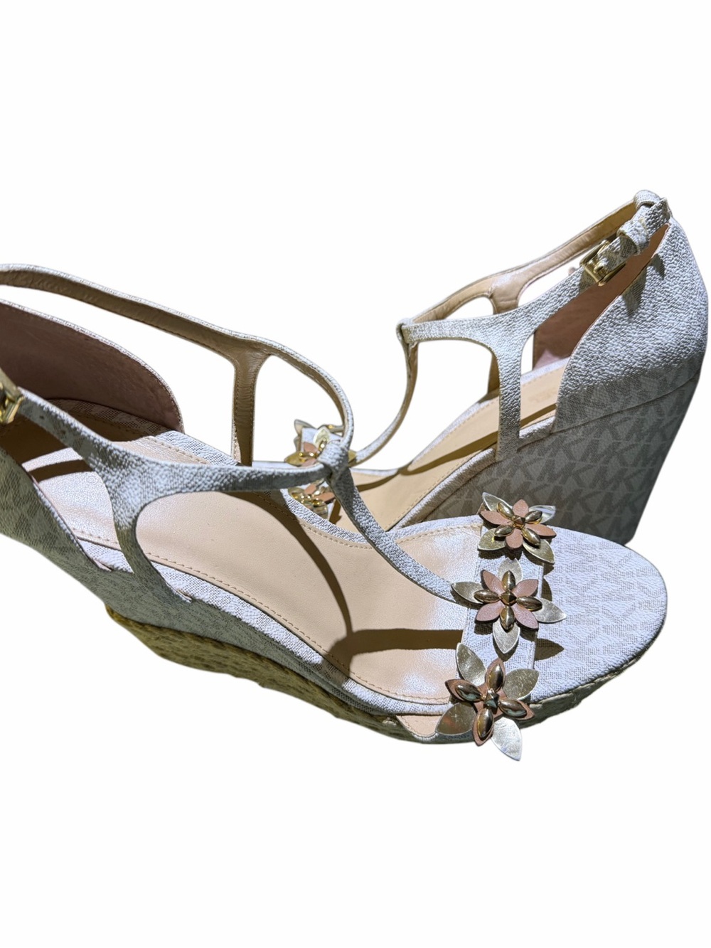 Michael Kors White Floral Logo T-Strap Sandals with Metallic Flowers - Picture 3 of 4